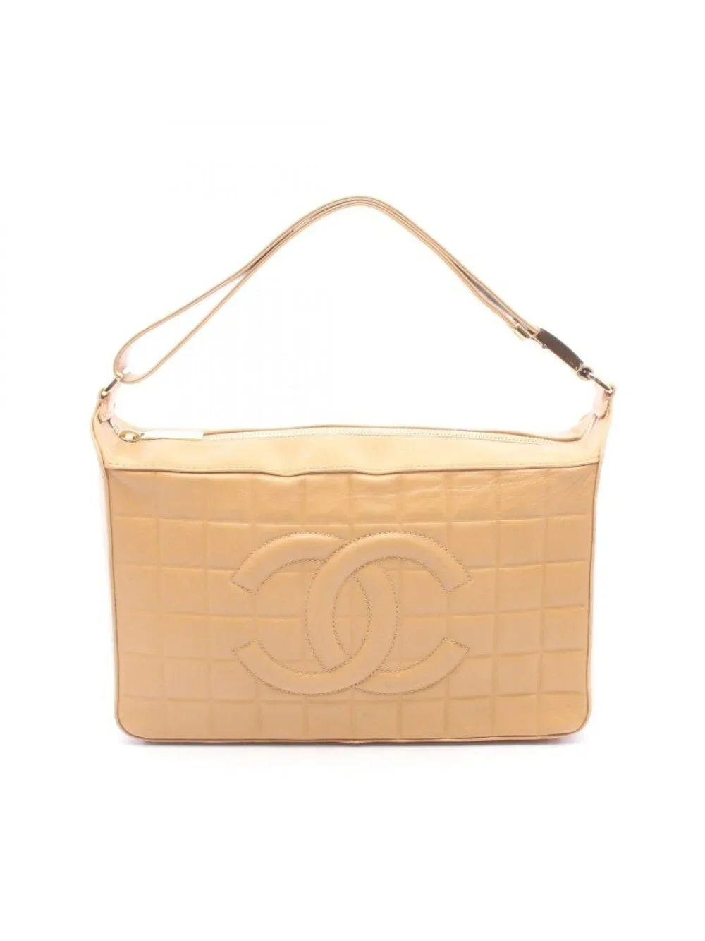 Chanel Shoulder Bag Choco Bar CC Logo Beige Leather